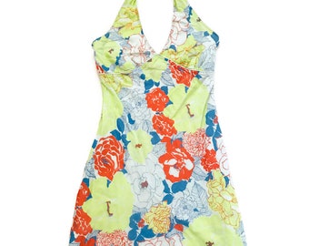 Vintage neon pastel floral print Halter Dress