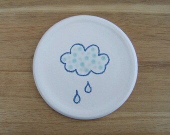 Coffee Spoon Rest or Teabag Holder, Polka Dot Rain Cloud Pottery Trinket Dish, Ring Holder, Stoneware Ceramic Jewelry Dish, Coffee Gift