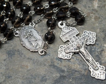 Gemstone Rosary of Smoky Quartz, 5 Decade Rosary, Men's Rosary, Our Lady Untier of Knots, Pardon Crucifix, Catholic Rosary