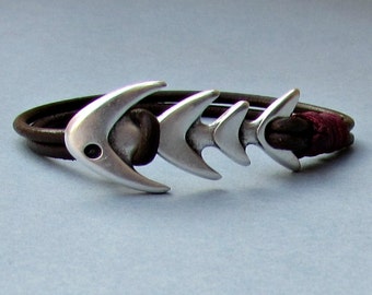 Fishbone Mens Bracelet, Fish Mens Leather bracelet Cuff, Customized On Your Wrist