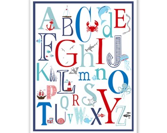 Children's Wall Art / Nursery Decor Nautical Alphabet Poster - ABC alphabet typography Poster Print