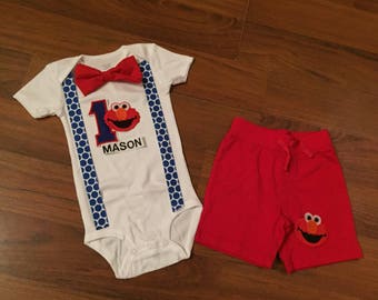 Elmo Personalized Embroidered First birthday, Boys birthday outfit, Baby boy first birthday, Elmo party, Elmo suspenders and bow tie