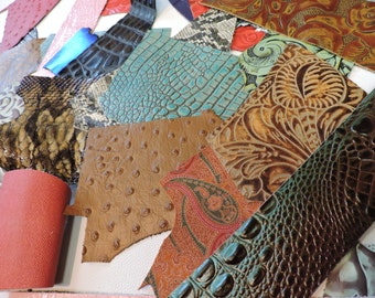 Embossed Scrap Leather Pieces. Assorted Leather. Assorted Printed Leather 1lb Bag