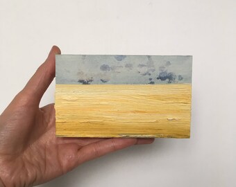 Abstract Landscape, Yellow, Original Landscape Painting, Field, Corn Field, 3x5 Small Oil On Wood, Little Wall Studio,