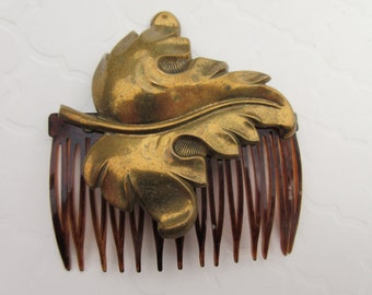 Vintage hair comb Art Nouveau hair pin large Brass leaf Metal Decorative woodland Accessory Nature Hair Jewels retro bohemian old world Gift