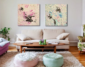 Abstract Diptych,Interior Wall Art,Childrens Room Wall Art,Heavy Texture,Abstract Shadows,Square oil painting,Bedrooom Wall Art,Rose,Blue