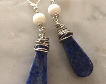 Wire Wrapped Lapis Lazuli Drop Earrings