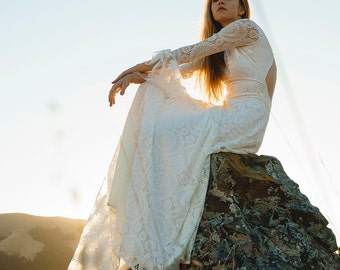 Lace Long Sleeve Wedding Dress, Long Train, Bohemian Wedding Dress, Soft Organic Cotton with Woven and Embroidered Lace - Veda Dress