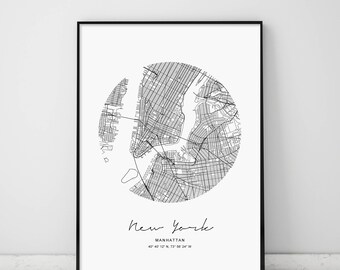 Circle Map New York, Digital Print, Digital, Circle City Map, Circle NY Map Print, New York Map, New York, Modern NYC Map, NYC Map Print