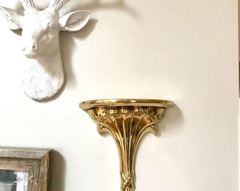 Vintage Brass Wall Pedestal Shelf | Patina Brass Wall Shelf| Vintage Wall Shelf| Vintage Column Style Brass Shelf| Hollywood Regency Sconce