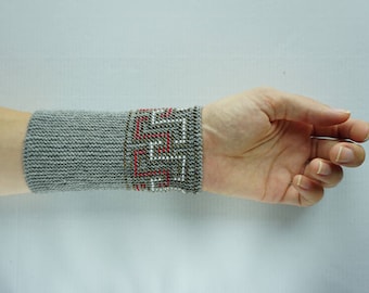 Grey, white and red beaded wrist warmers/ knitted wristlets with beads / woollen cuffs –ready to ship