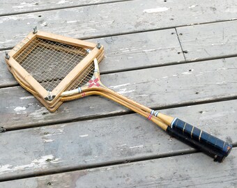Wood Badminton Rackets, Vintage Sports Gear, Spalding Jubilee Cortland Racquets, U.S. Army Wood Press, Man Cave Decor, Gameroom Wall Art