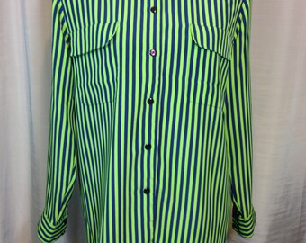 Green and Navy Blue Stripped Long Sleeve Blouse by Sellecca with Shoulder Pads and Two Front Pockets Size 10 Previously 18 Dollars ON SALE