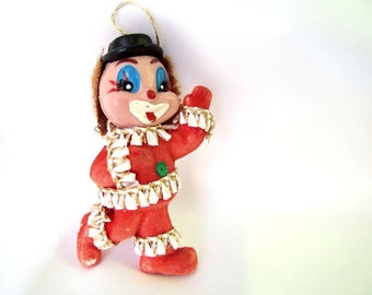 Vintage Plastic Christmas Ornament, Flocked Clown Christmas Ornament