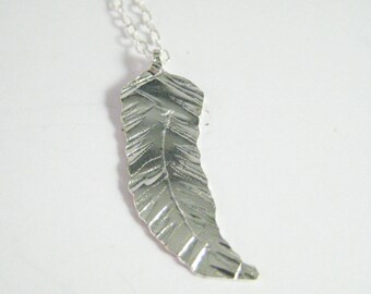 Feather pendant, hand hammered texture, sterling silver hand cut, 18in sterling silver chain
