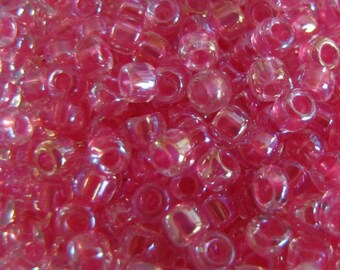 Hot Pink Seed Beads, 6 0 Seed Beads, Transparent Rainbow, Inside Color, Pink Beads, 20 grams Beads, #5632 Japanese seed beads Item #418