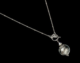 Wish Necklace in Glass Orb with Silver Filigree, Real Dandelion Seeds, Swarovski Crystal & Genuine Pearl, Wedding Jewelry, Gift For Her