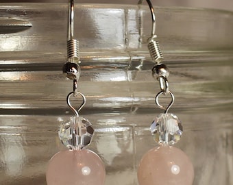 Rose Quartz and Swarovski Crystal Drop Earrings