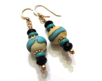 Ivory & Turquoise Lampwork Earrings With Black Swarovski Crystals, Turquoise Earrings, Ivory Earrings, Black Earrings, Lampwork Jewelry