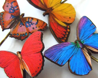 4 Bobby pins, hair grips, hair slides, wood, wooden, butterfly, butterflies, mix colour, by NewellsJewels