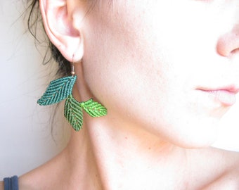 Leaf Earrings . Macrame Jewelry . Green Leaves . Elven Woodland Natural . Boho Hippie Chic . Botanical Fiber Jewelry . by raïz