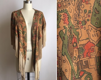 70s fringe leather shawl ~ vintage hand painted suede vest
