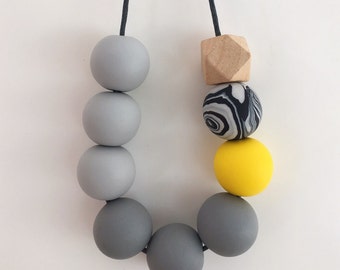 Grey Yellow Statement Bead Necklace, Monochrome Necklace, Black & White Necklace, Geometric Necklace, Minimalist Necklace, Polymer Clay
