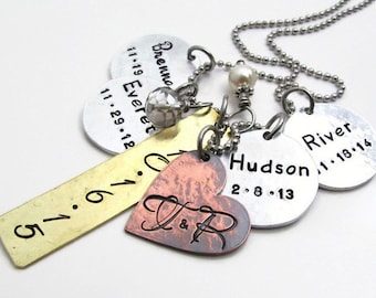Personalized Necklace - Hand Stamped Jewelry - Mixed Metal Cluster Necklace - Family Necklace - Mom Necklace Layered & Rustic (100)