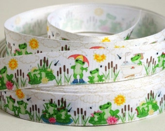 Frog Grosgrain Ribbon - Playful Frogs - Frog Ribbon - 7/8" Printed Grosgrain Ribbon