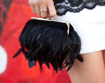 Black Feather Purse Clutch with Jeweled Clasp