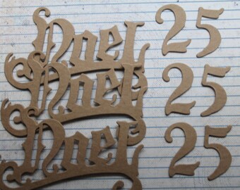 3 word Noel 25 bare chipboard die cuts vintage style 4 5/8 inches wide