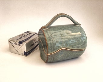 SALE*Unique Ceramic Butter Dish, rectangle, cylinder, wheelthrown, glossy blue & bronze glaze, stoneware pottery, UK studio pottery, artisan