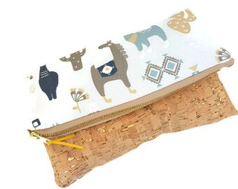 Llama Canvas Foldover Clutch, with gold fleck cork, tablet sleeve