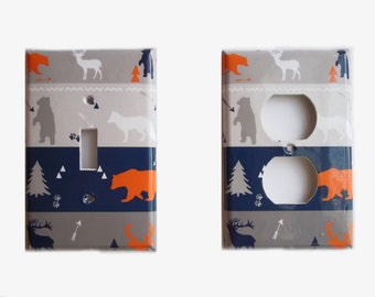Woodland Animals Switchplate Cover -Woodland Nursery - Electrical Outlet Cover - Rocker Plate cover - Orange Gray Navy