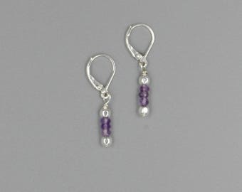 Sterling Silver and Amethyst Leverback Earrings Dangle Earrings Purple and Silver Lavender and silver Drop Earrings 1" Dangle Gift for Her