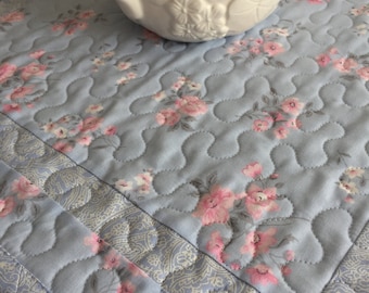 Shabby Chic Table Topper Quilt, Blue, Pink, Flowers, Table Topper Quilt, Handmade Table Runner Quilt