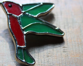Vintage Stained Glass Green and Red Hummingbird Brooch Pin
