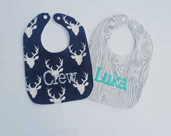 Navy Blue Deer and Woodgrain baby boy bibs, personalized baby gift, adjustable baby bibs, baby shower gift for boys, woodland baby boy