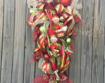 Holiday Elf Wreath, Christmas Elf Wreath, Elf Swag, Whimiscal Elf Wreath, Christmas Wreath, Christmas Decor, Holiday Wreaths, Christmas Swag