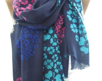 Mothers Day Gift For Her Soft Cotton Scarf Shawl Floral Scarf Navy Scarf Hippie Scarf Bohemian Fashion Accessories Boho Scarf Holiday