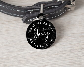 Personalized Pet ID Tag, Round Shape tag, Custom Cat Tag, Dog Tag, Custom Pet Tag, Pet Name Tag, Custom Dog Tag, Black Marble, Tag 002