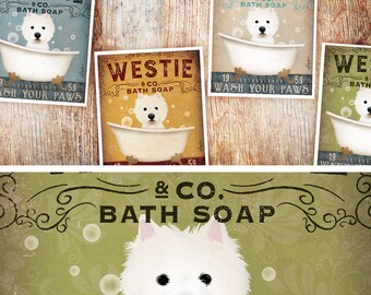 Westie West highland Terrier dog bath soap Company vintage style artwork by Stephen Fowler Signed Print UNFRAMED