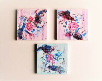 Multiple Original Triptyque 3 Tableaux Abstraits sur Toile 15/ 15 cm chacun " Floral 11", Abstrait Floral Texture Peinture, fibres textiles.