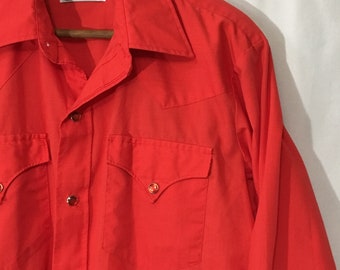 70's M Red H Bar C California Ranchwear Western Shirt w/ Red Pearl Snap Buttons Long Sleeve - Made in USA