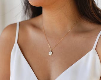 Gold Miraculous Medal Necklace / Tiny Virgin Mary Necklace / Everyday Religious Jewelry / Gold Filled Medallion Necklace / Sterling Silver