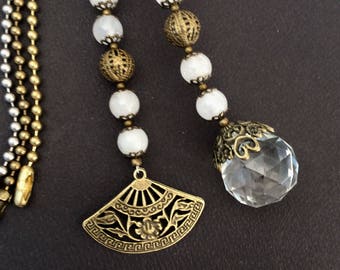 Light pull or ceiling fan pull set. Decorative ball chain pulls, white jade stone, Crystal and antique bronze pull chains.Victorian fan