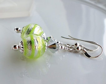 Lime Green Murano Earrings, White Gold Foil Murano Drop Earrings, Green Silver Long Dangle Earrings, Venetian Glass Bead Earrings in Green
