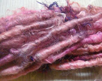 Handspun Corespun Super Bulky Leicester Longwool Art Yarn in Bright Pinks with Purple by KnoxFarmFiber for Knit Weave Embellishment