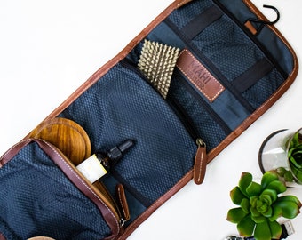 Personalized Brown Leather Hanging Wash Bag - Ideal as Wash Bag or for Men's Shaving Kit or Dopp Kit by MAHI Leather