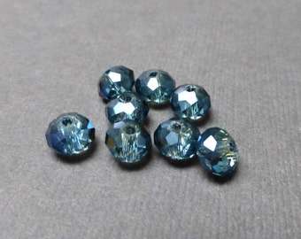 Sparkly Rainbow Glass Beads. Rondelle Faceted Glass Beads. Dark Teal Glass Beads. 6mm. Eight (8).